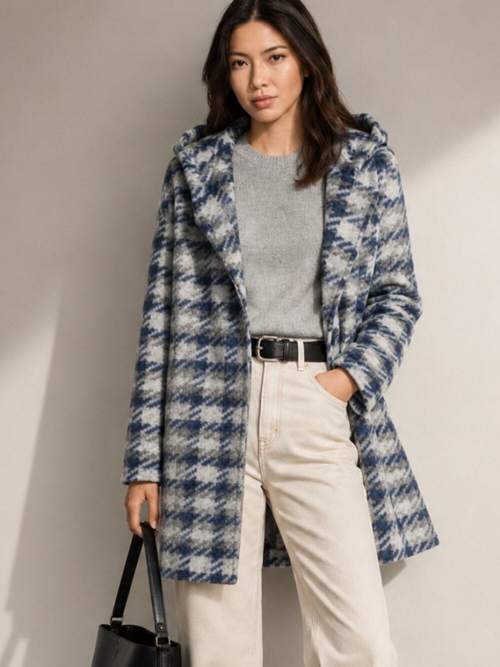 Soia & Kyo Kym Wool Blend Check Plaid Zip Jacket Hooded Coat Sz Medium